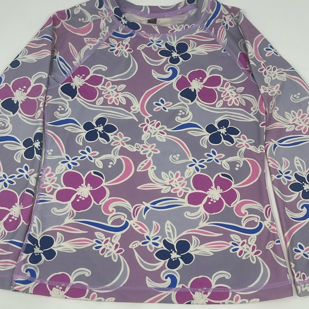 TEA COLLECTION: Rash Guard, Size 8; Batik Floral Printed, Long Sleeve
